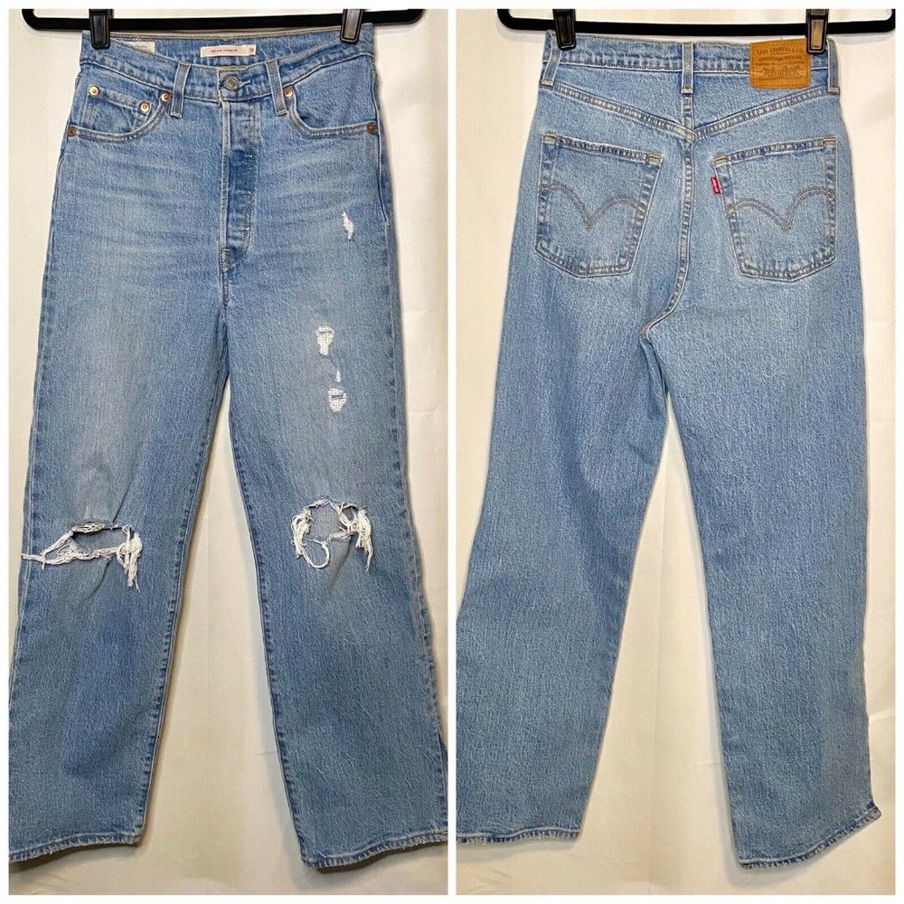 Levi’s Ribcage Straight High Rise Distressed Split Hem Cropped Ankle Jeans 26